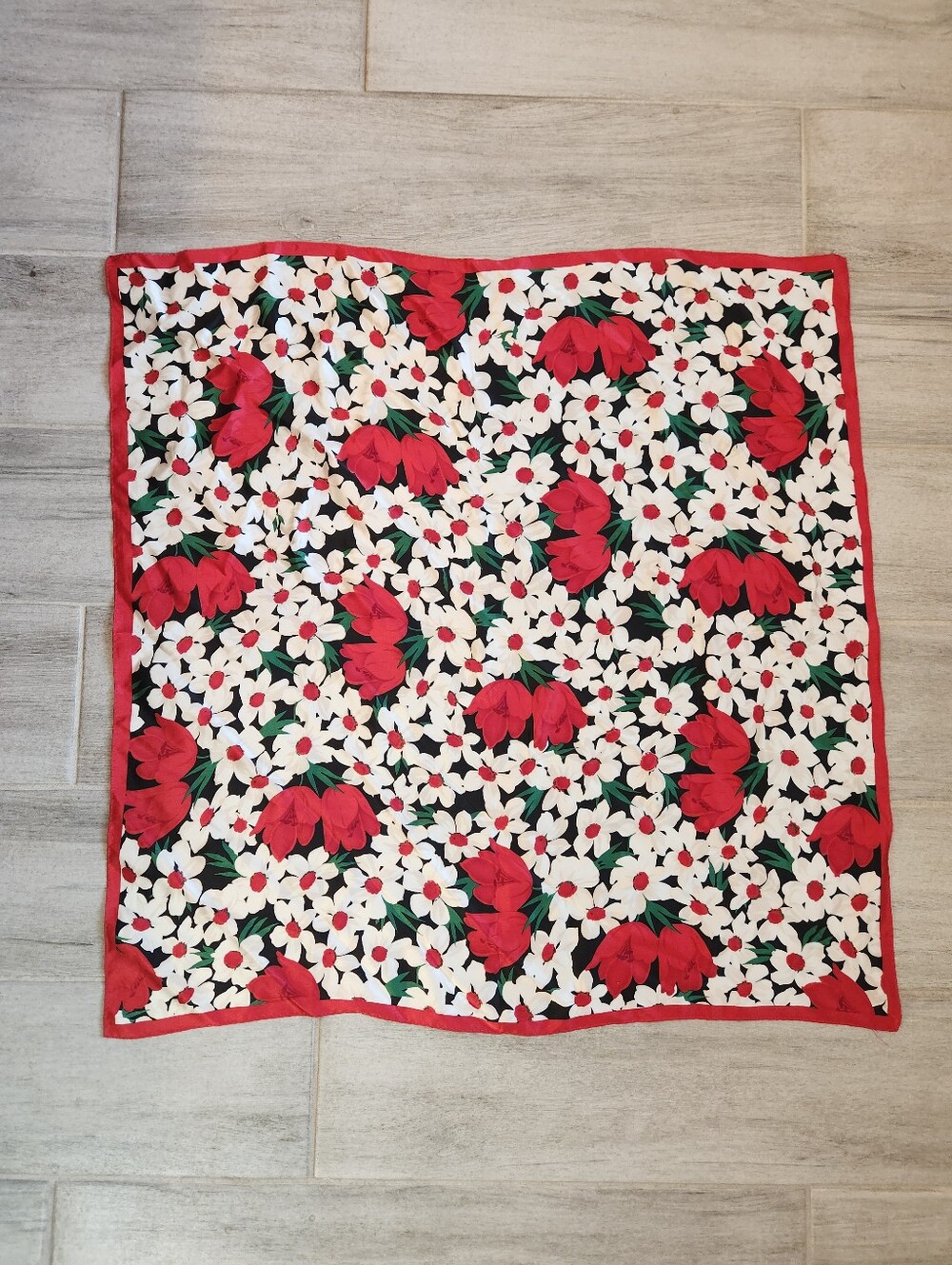 Floral Carre Scarf Red White Black Green Daisy Poppy Square Giant Artsy Retro
